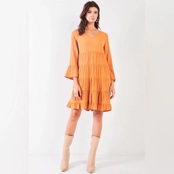 ❄️ Very J | Boho Mustard V-Neck 3/4 Flare Sleeve Dress Fall Vibes - Picture 3 of 3